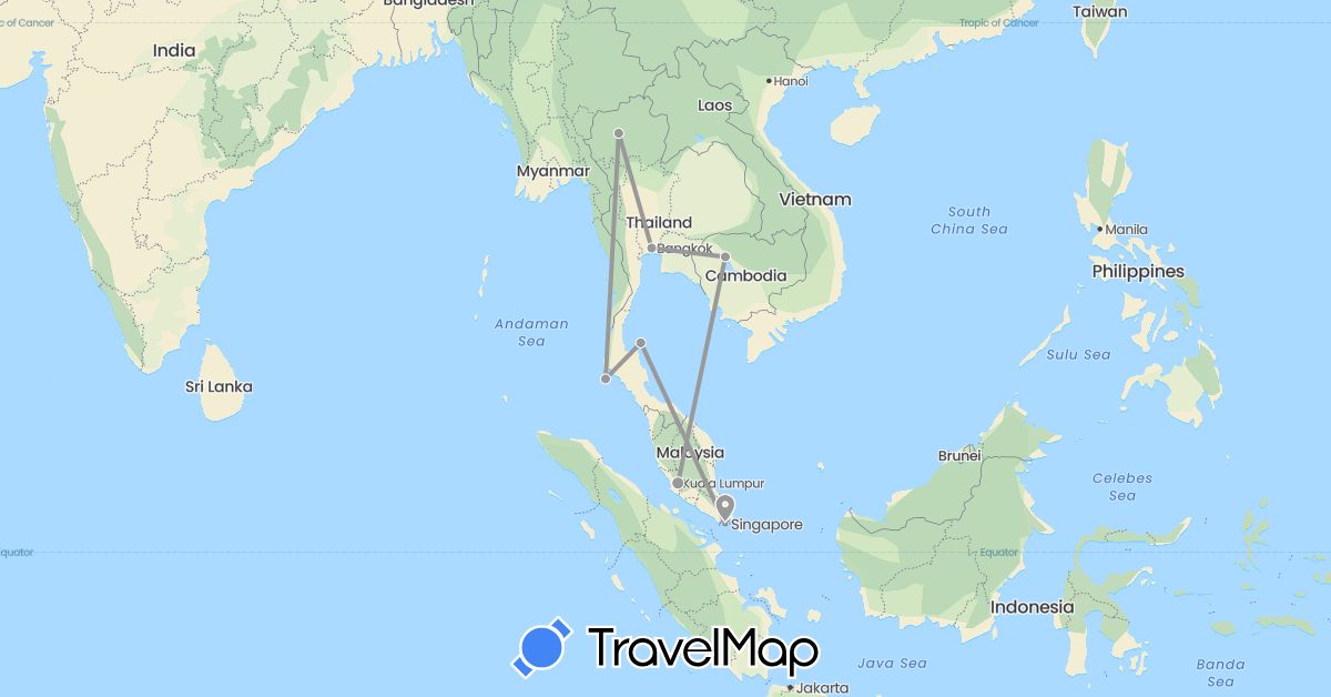 TravelMap itinerary: driving, plane in Cambodia, Malaysia, Singapore, Thailand (Asia)